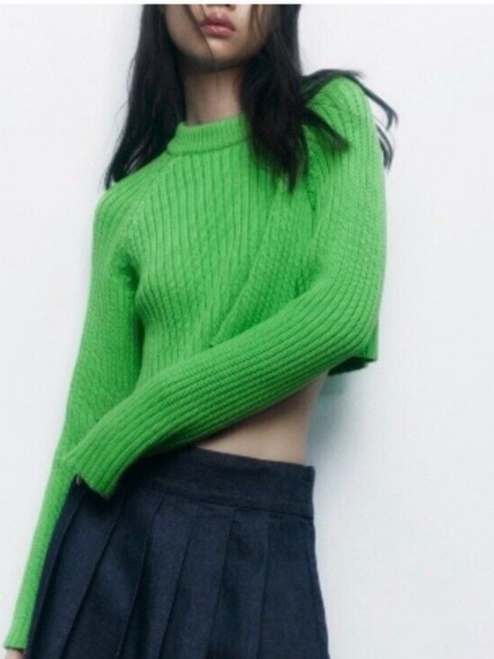 Zara Bright Green Cropped Ribbed Crewneck Sweater